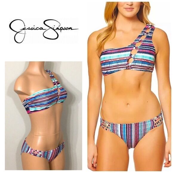 Jessica Simpson multicolored one-shouldered bikini - Picture 1 of 13